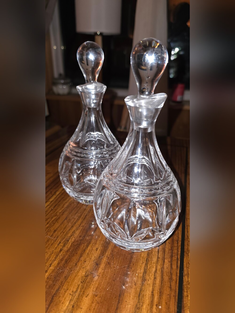 Pair vintage patterned glass oil vinegar cruets with stoppers
